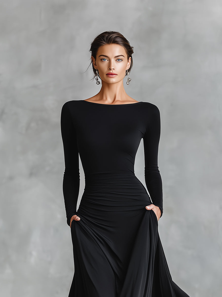 xelira – robe maxi noire moderne en crêpe à encolure bateau et fronces femme