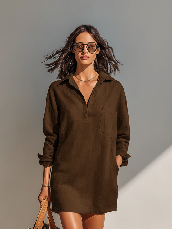 Lisel – robe chemise brune courte, boutonnée, élégante et moderne