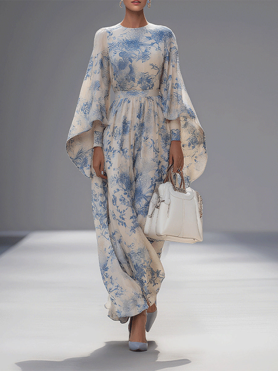 Belis – robe maxi imprimee manches evasees taille haute elegante femme