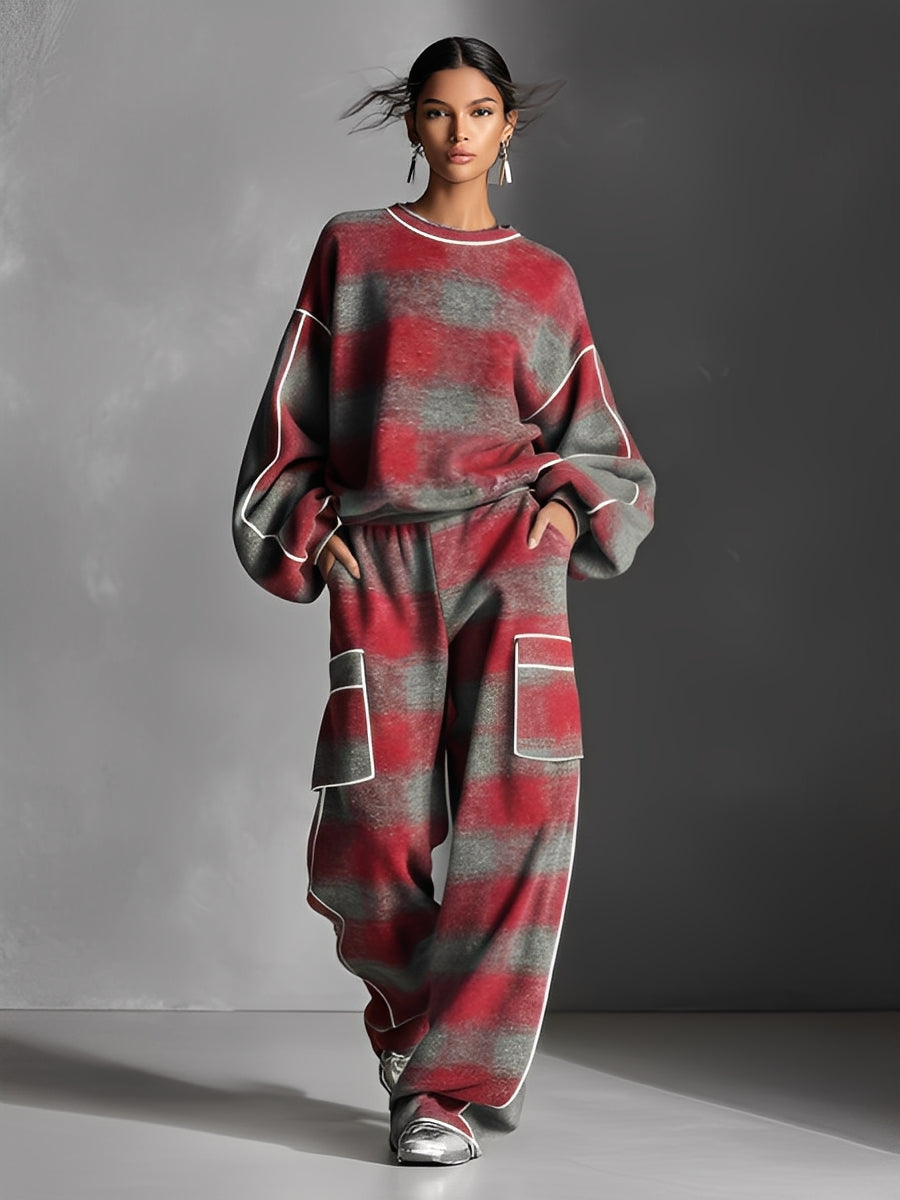 Hareen – ensemble pantalon street style carreaux rouge gris piping contraste