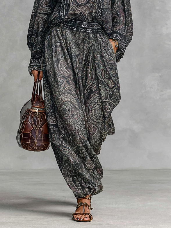 Fayra – ensemble vintage paisley chemise col montant et pantalon fluide femme