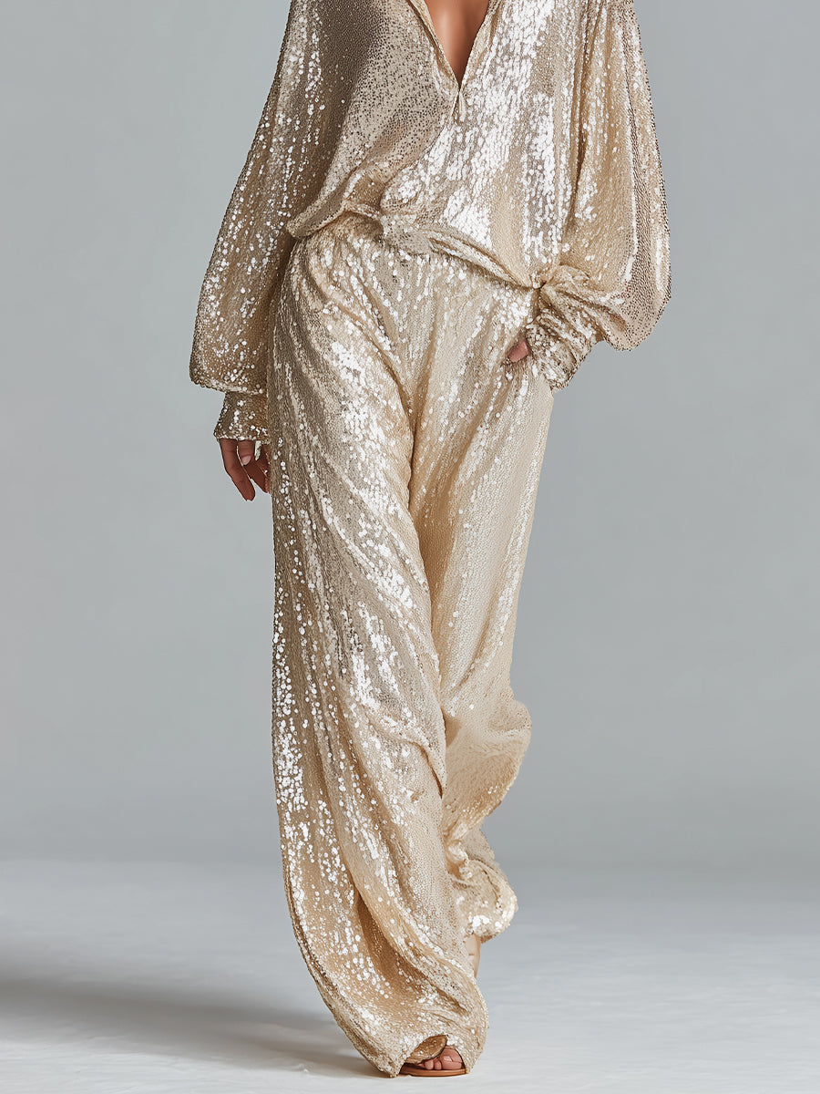 Gleina – ensemble lounge paillettes or col zip pantalon wide leg