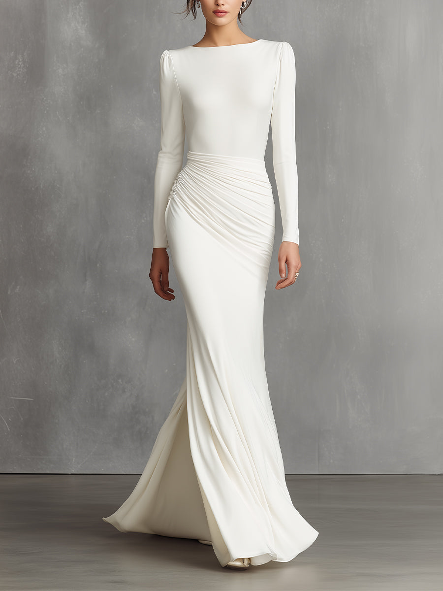 Sirine – robe maxi sirène en satin blanc avec fronces élégantes et manches longues