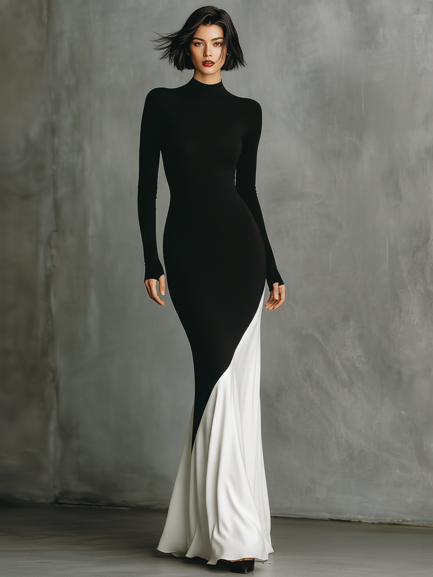 Laurelay – robe longue moulante noir et blanc color-block stretch