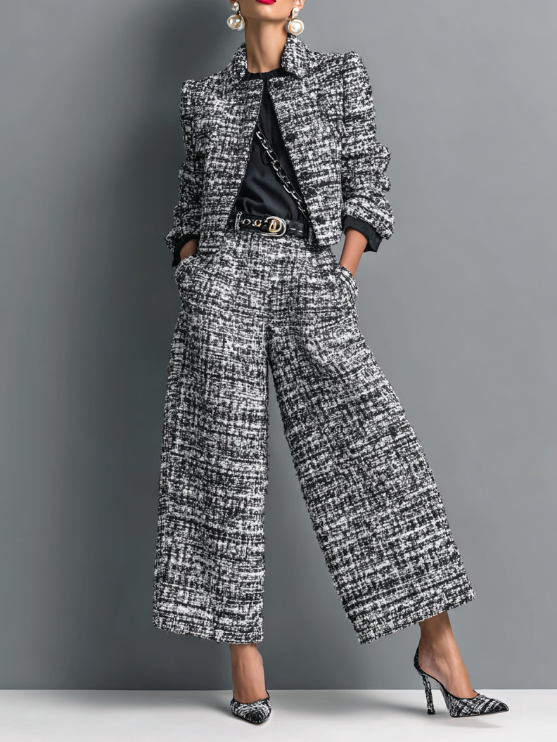 Fayden – ensemble tweed cropped jacket boutonnée et pantalon wide leg chic