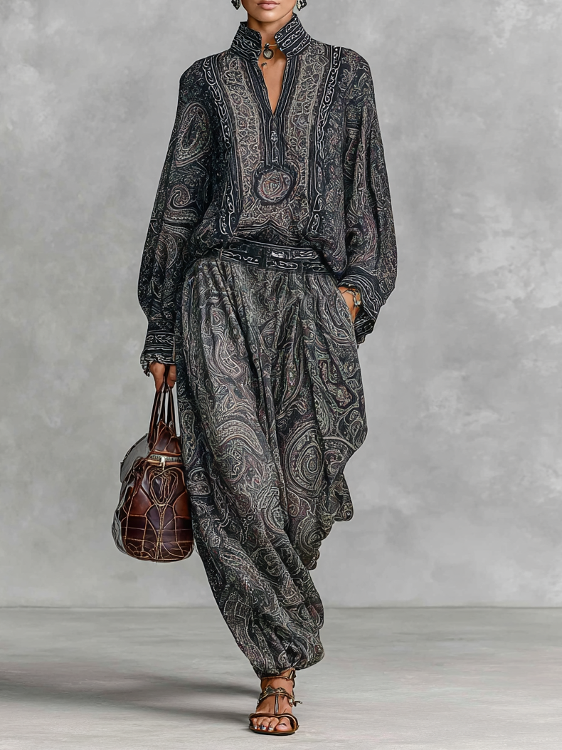 Fayra – ensemble vintage paisley chemise col montant et pantalon fluide femme