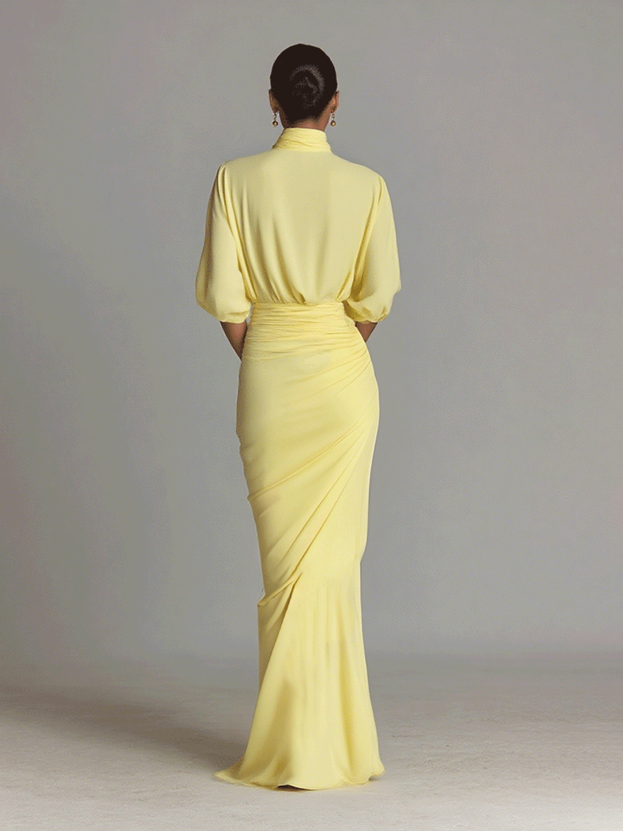 Yva – robe maxi jaune fluide col V manches longues fente elegante femme
