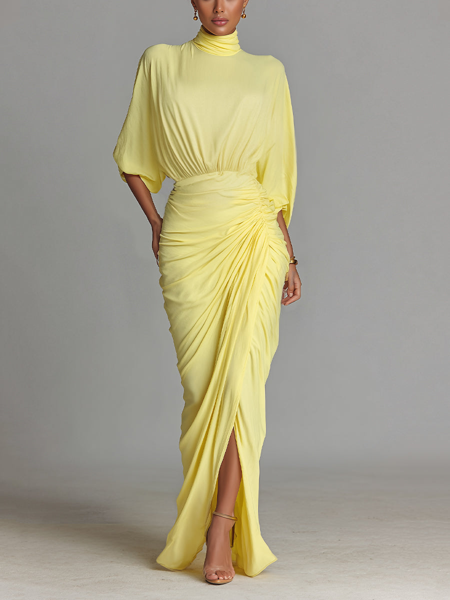 Yva – robe maxi jaune fluide col V manches longues fente elegante femme