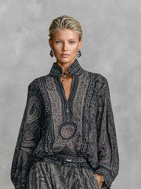 Fayra – ensemble vintage paisley chemise col montant et pantalon fluide femme