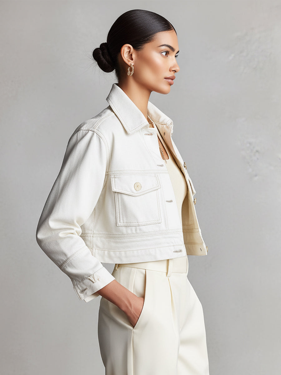 Ida – veste courte denim ivoire femme coupe classique