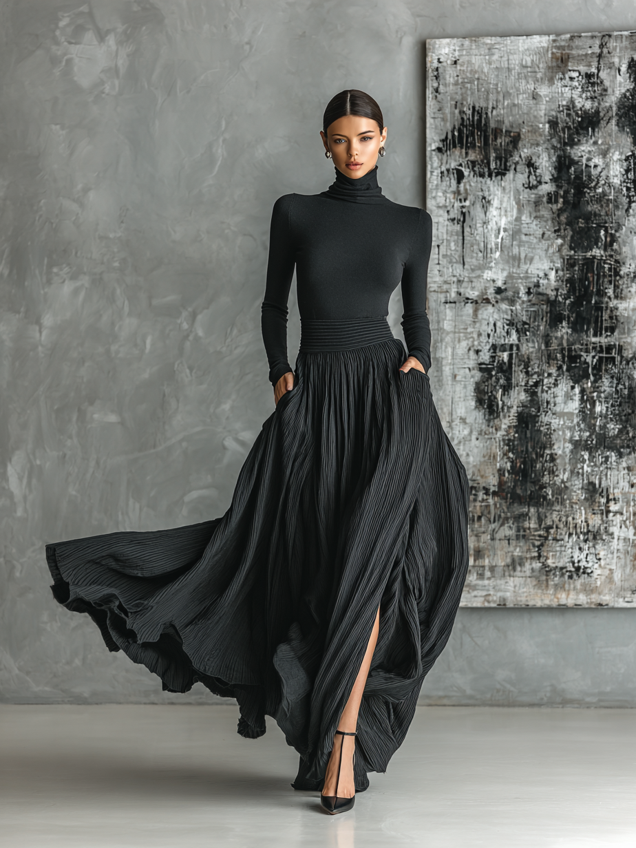 Brina – ensemble noir col roule top skinny et jupe plissée elegante femme