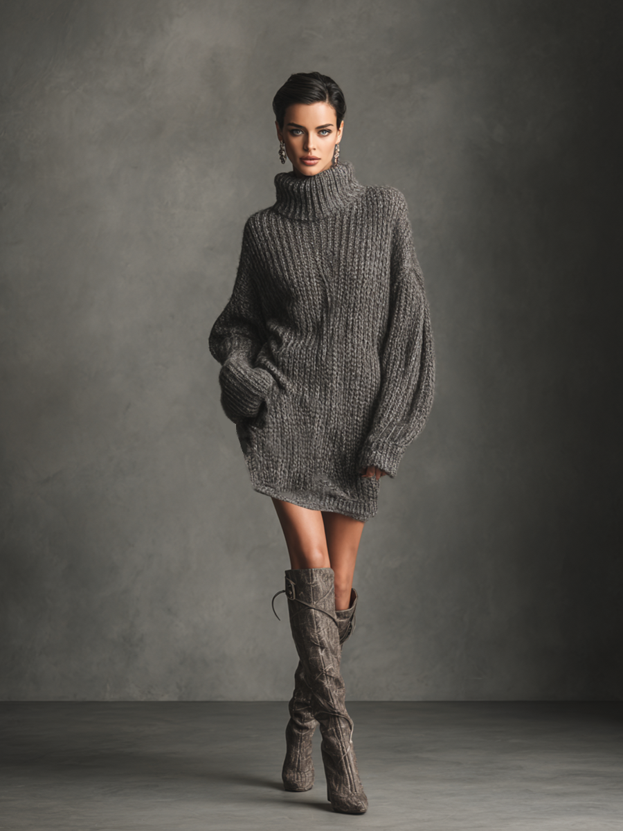 Maven – robe pull mini gris anthracite femme col roulé maille épaisse cosy