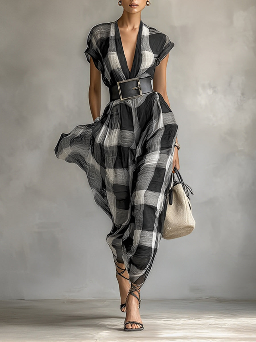 Ravea – robe maxi lin melange carreaux col V manches courte ceinturee femme