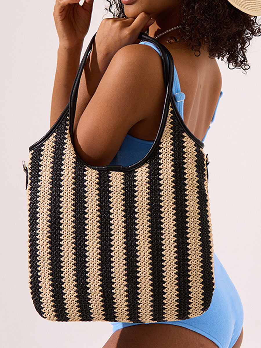 Serena Vintage – sac épaule en paille rayé femme, cabas vintage contrasté pour été & voyages