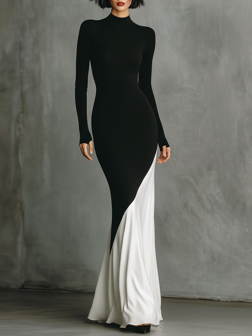 Laurelay – robe longue moulante noir et blanc color-block stretch