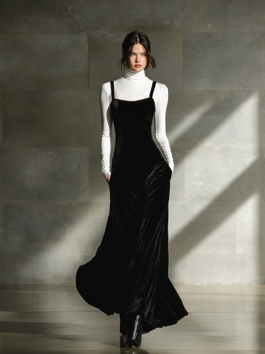 Néoline – robe slip en velours noir élégante et fluide