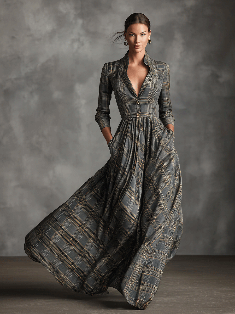 Havena – robe maxi tartan lin melange jupe evasee elegante