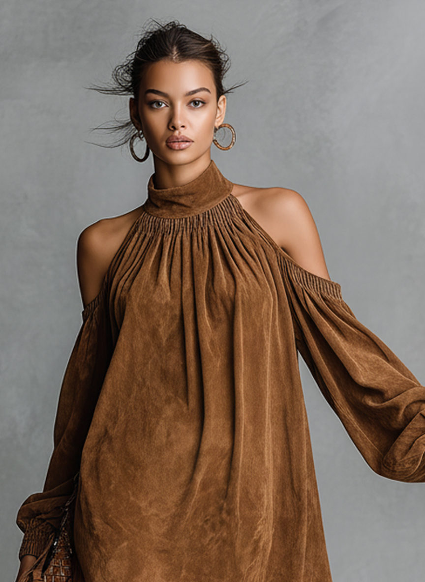 Alyah – robe mini en faux suède à col semi-montant halter et manches lanterne