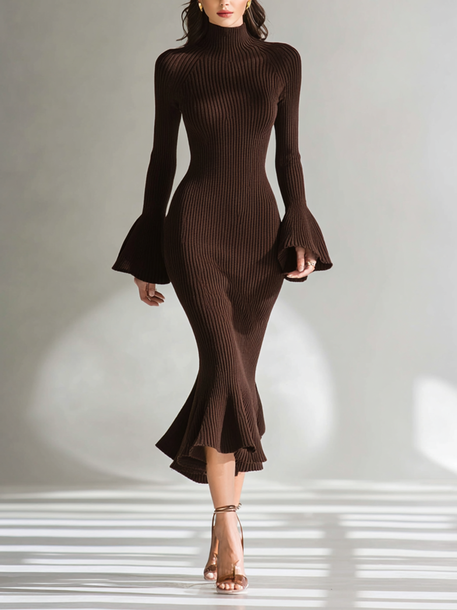 Mariva – robe maxi marron côtelée, coupe évasée et col montant chic