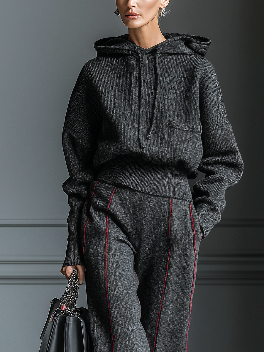 Kalissa – ensemble maille gris anthracite, hoodie contrasté rouge et pantalon droit
