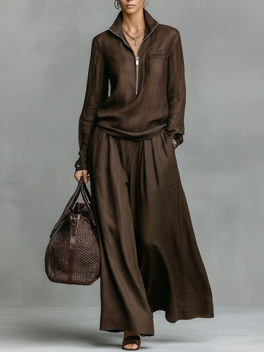 Daphée – ensemble coton lin blouse zippée ample et pantalon large fluide