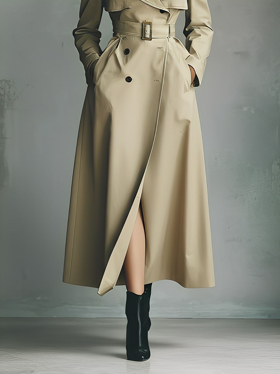 Olyne – manteau long beige femme double boutonnage ceinture trench chic