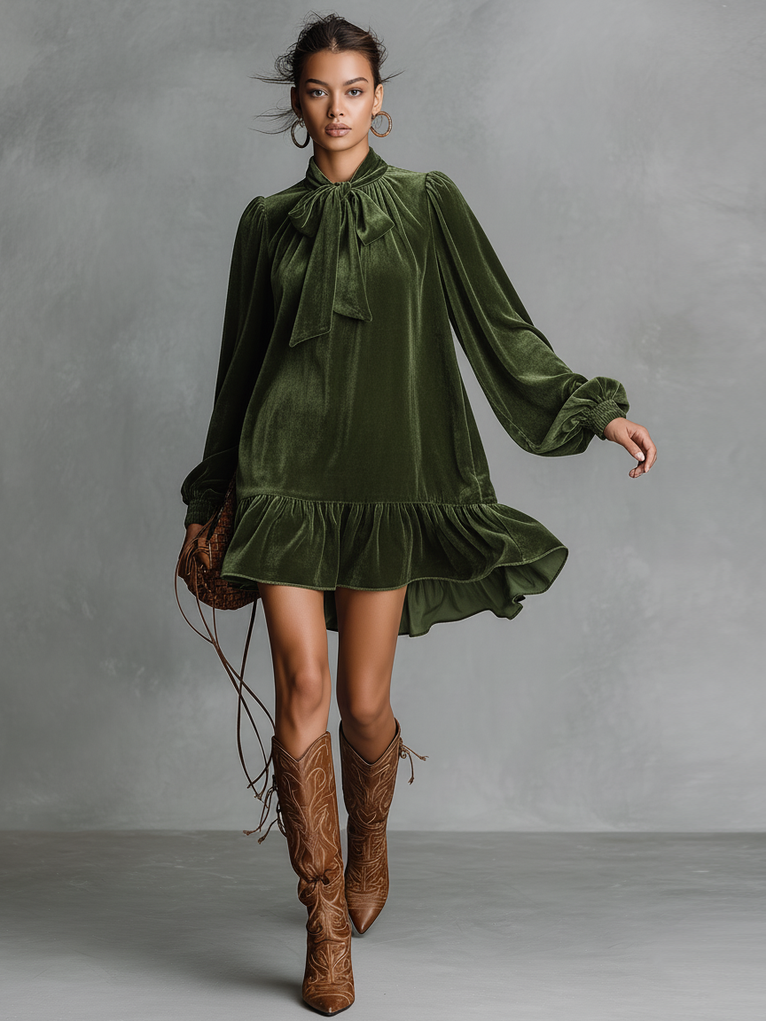 Sévanne – robe mini velours ample à col noué élégant