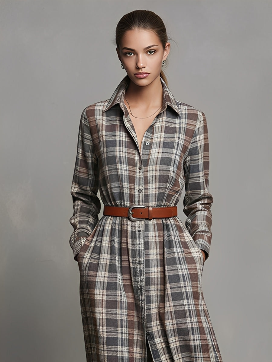 Miley – robe chemise midi carreaux bruns, coupe décontractée et ceinture vintage