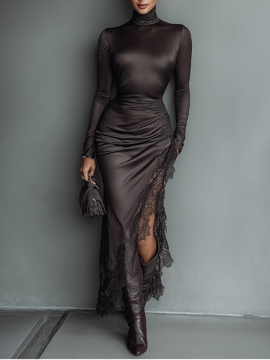 Dely – robe maxi satin marron dentelle ourlet asymetrique col haut coupe slim femme