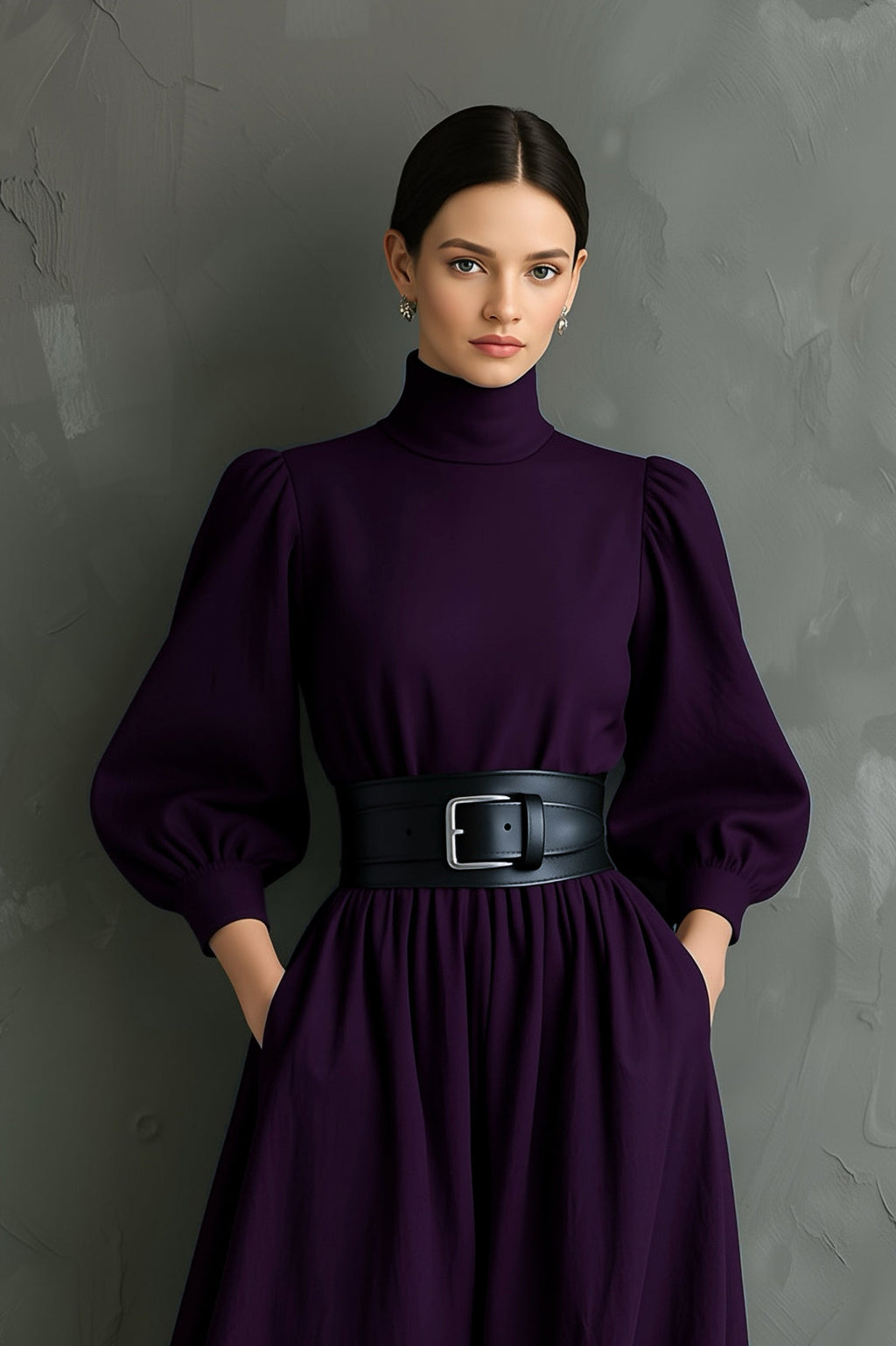 Siraya – robe longue prune slim-fit, col montant élégant et ceinture intégrée