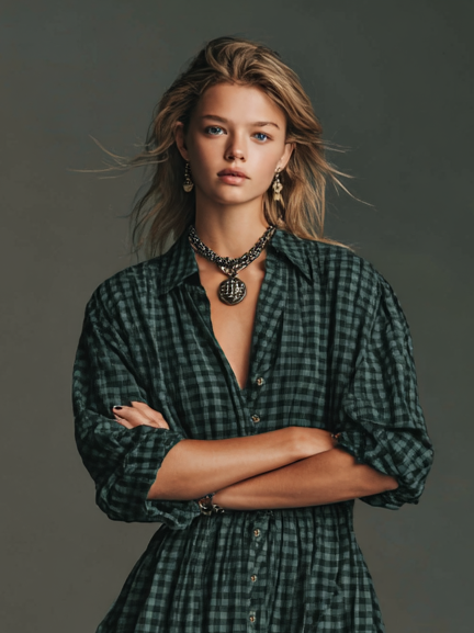 parella – robe chemise maxi à carreaux manches longues femme