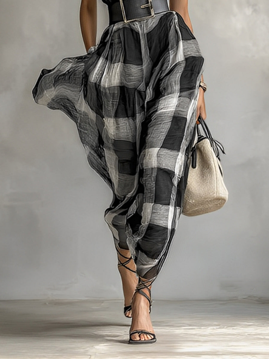 Ravea – robe maxi lin melange carreaux col V manches courte ceinturee femme