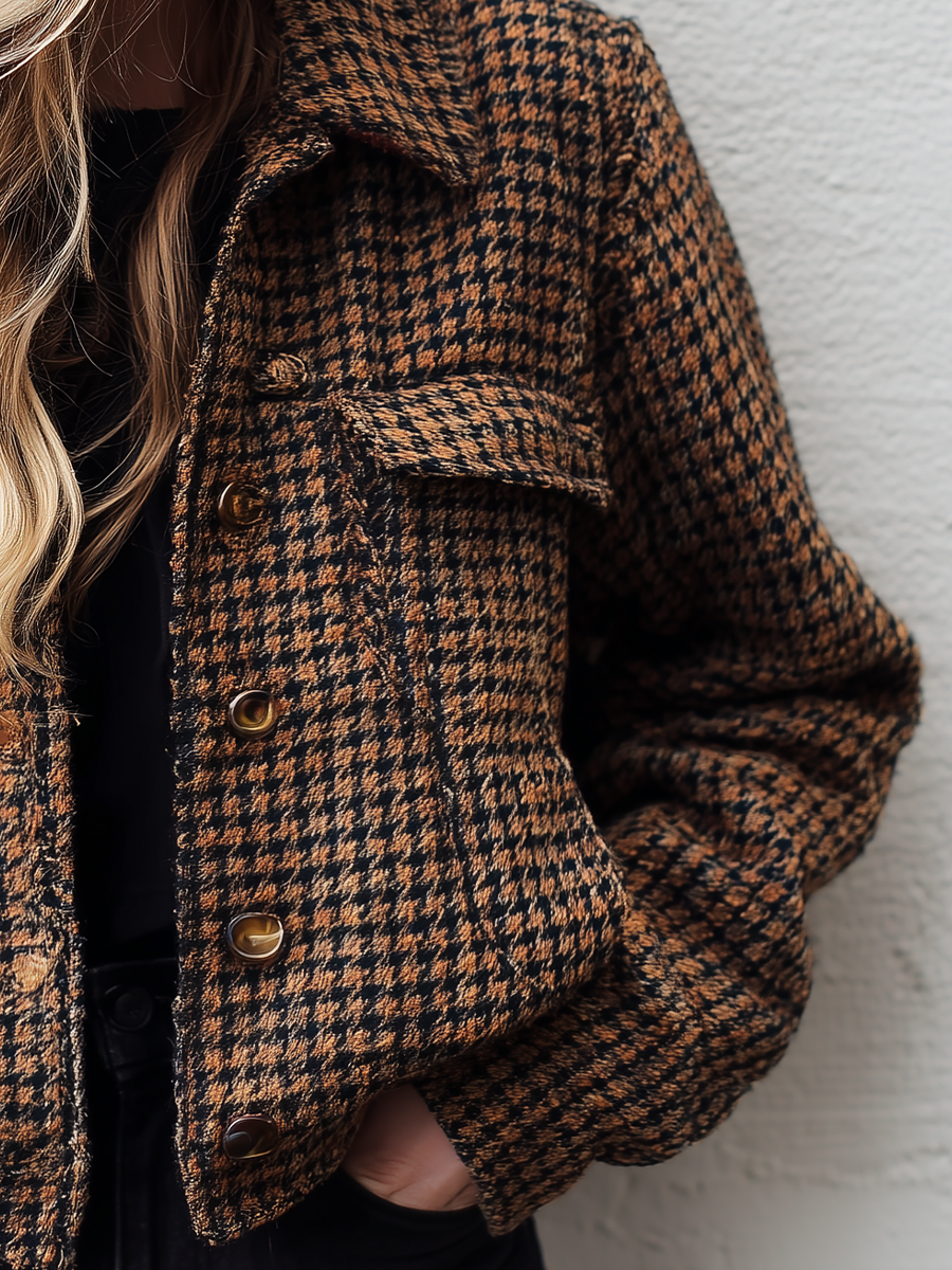 Hestia – veste courte pied-de-poule marron noir laine silhouette structuree