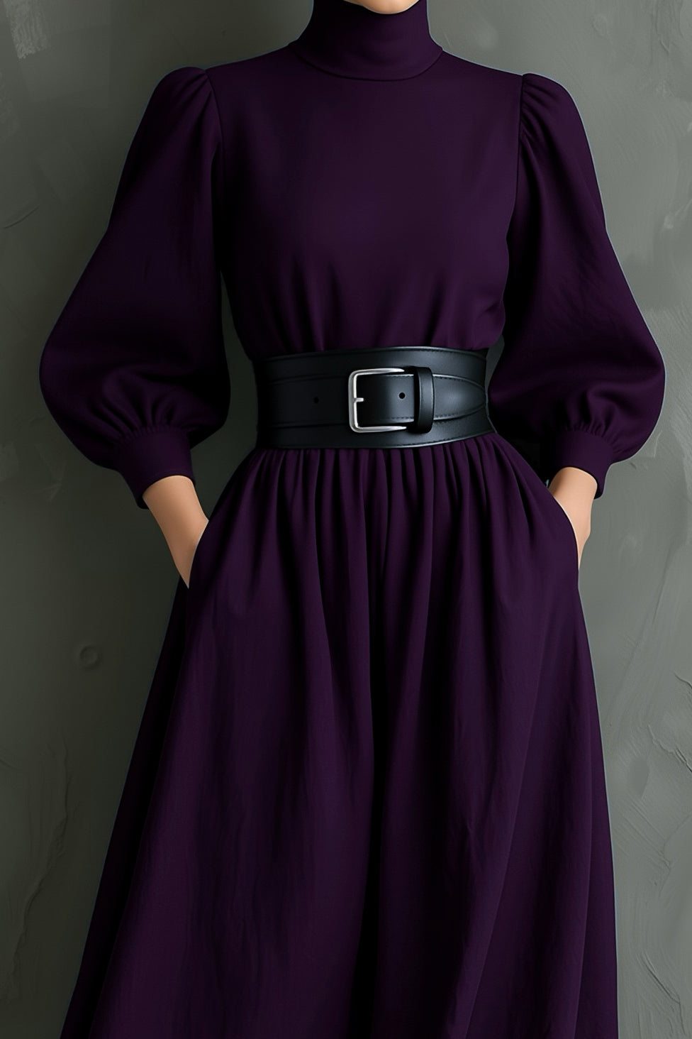 Siraya – robe longue prune slim-fit, col montant élégant et ceinture intégrée