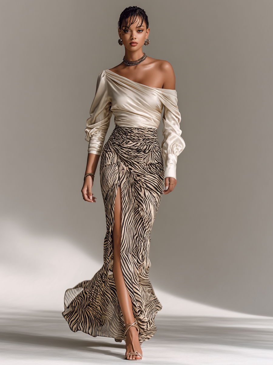 Soreya – ensemble satin top off-shoulder et jupe zebree fendue femme