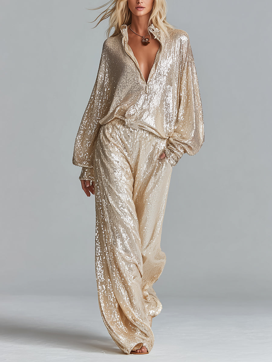 Gleina – ensemble lounge paillettes or col zip pantalon wide leg