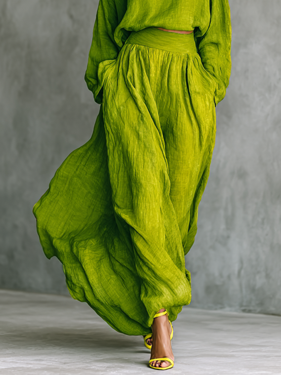 Farida – ensemble vert top col roulé et jupe longue fluide coton lin femme