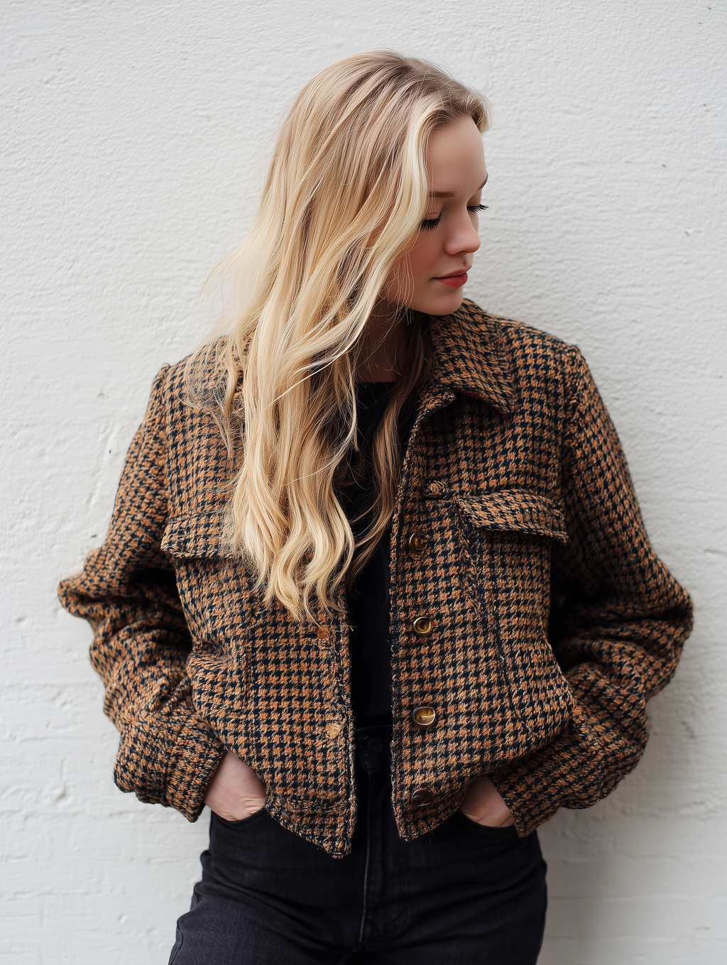 Hestia – veste courte pied-de-poule marron noir laine silhouette structuree