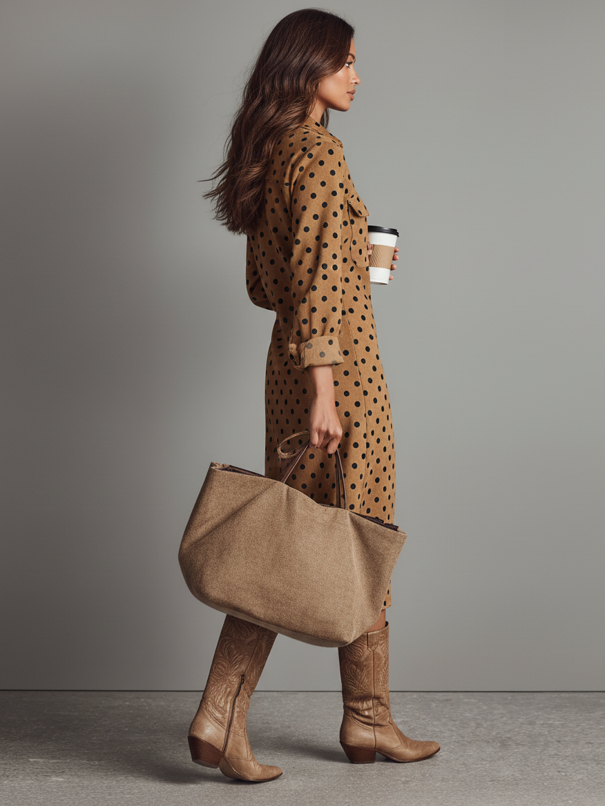 Helina – robe midi faux suede pois col chemise boutonnée