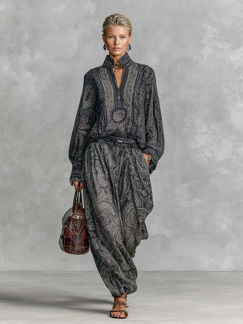 Fayra – ensemble vintage paisley chemise col montant et pantalon fluide femme