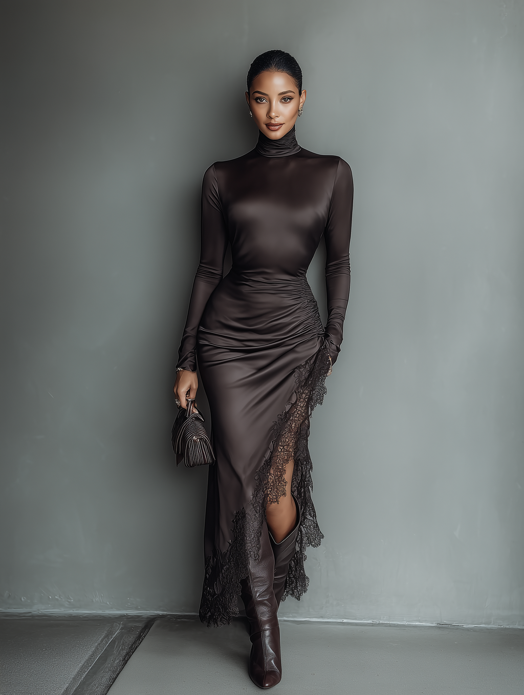 Dely – robe maxi satin marron dentelle ourlet asymetrique col haut coupe slim femme