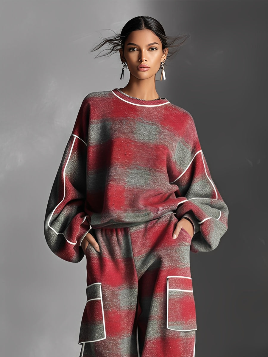 Hareen – ensemble pantalon street style carreaux rouge gris piping contraste