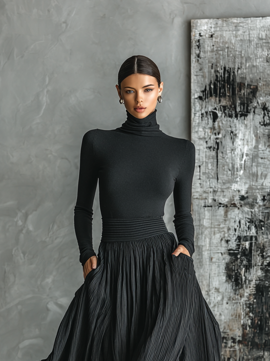 Brina – ensemble noir col roule top skinny et jupe plissée elegante femme