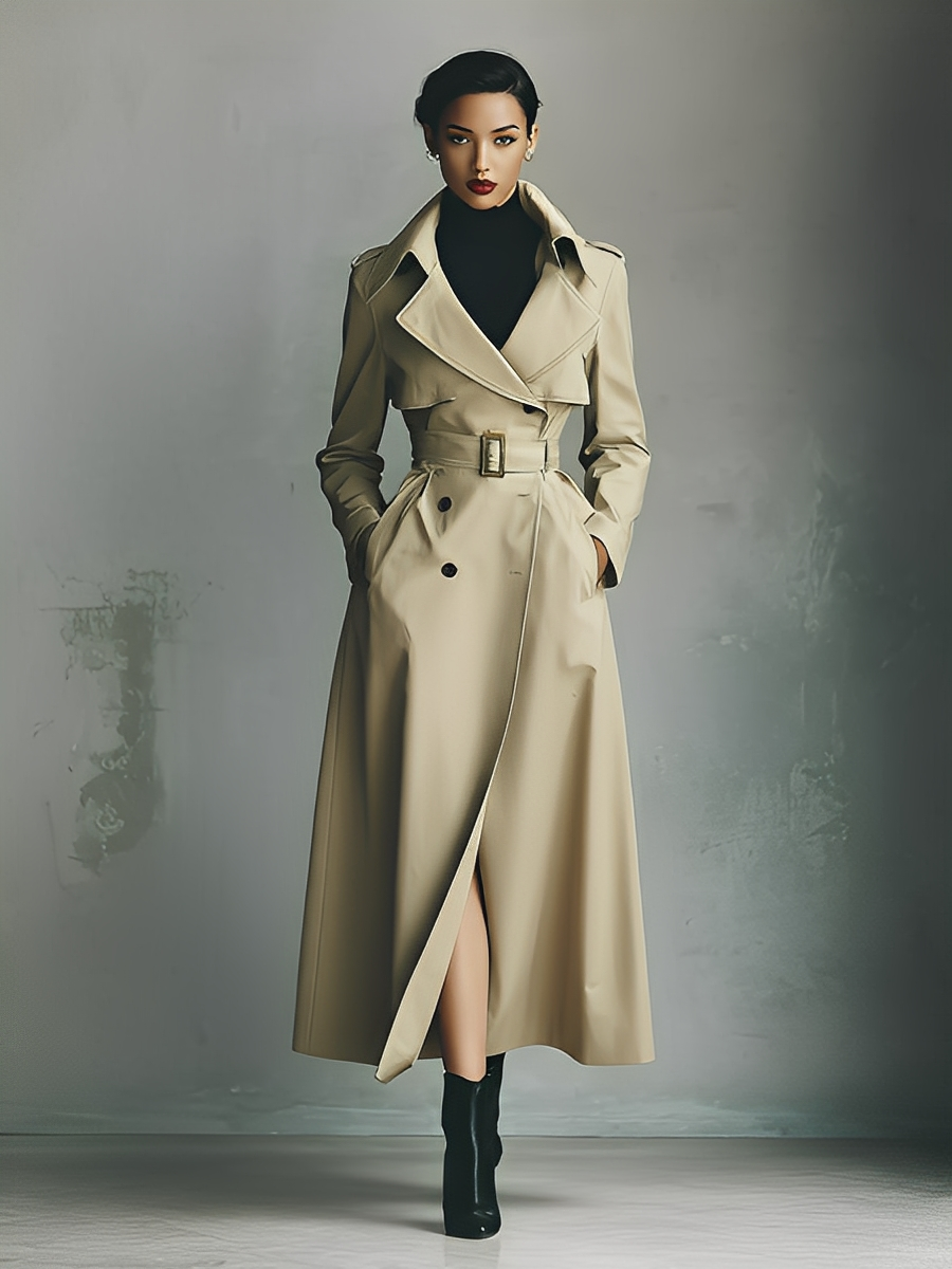 Olyne – manteau long beige femme double boutonnage ceinture trench chic