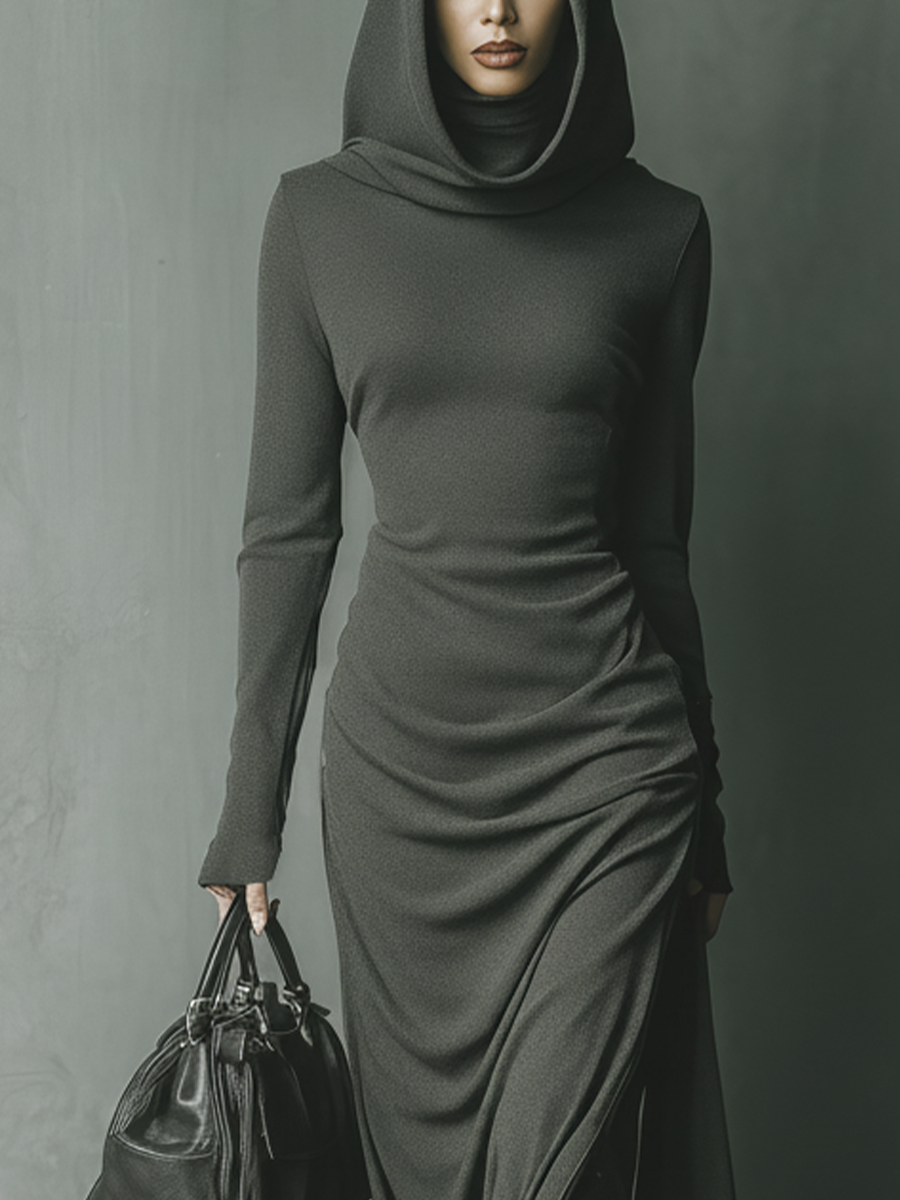 Fayla – robe maxi maille gris fonce avec capuche elastiquee