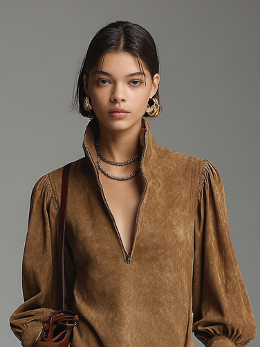 Zeyna – robe mini suede zip col montant coupe ample femme