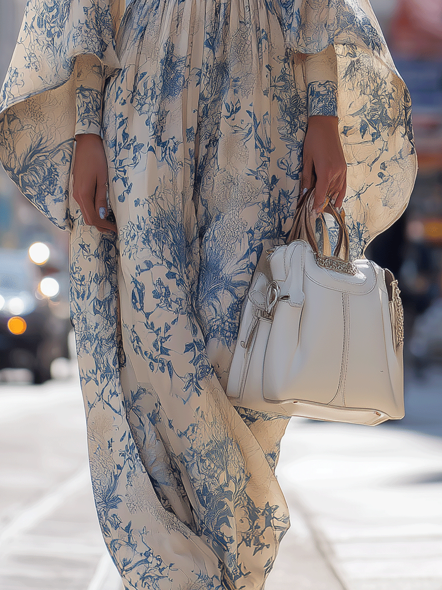 Belis – robe maxi imprimee manches evasees taille haute elegante femme