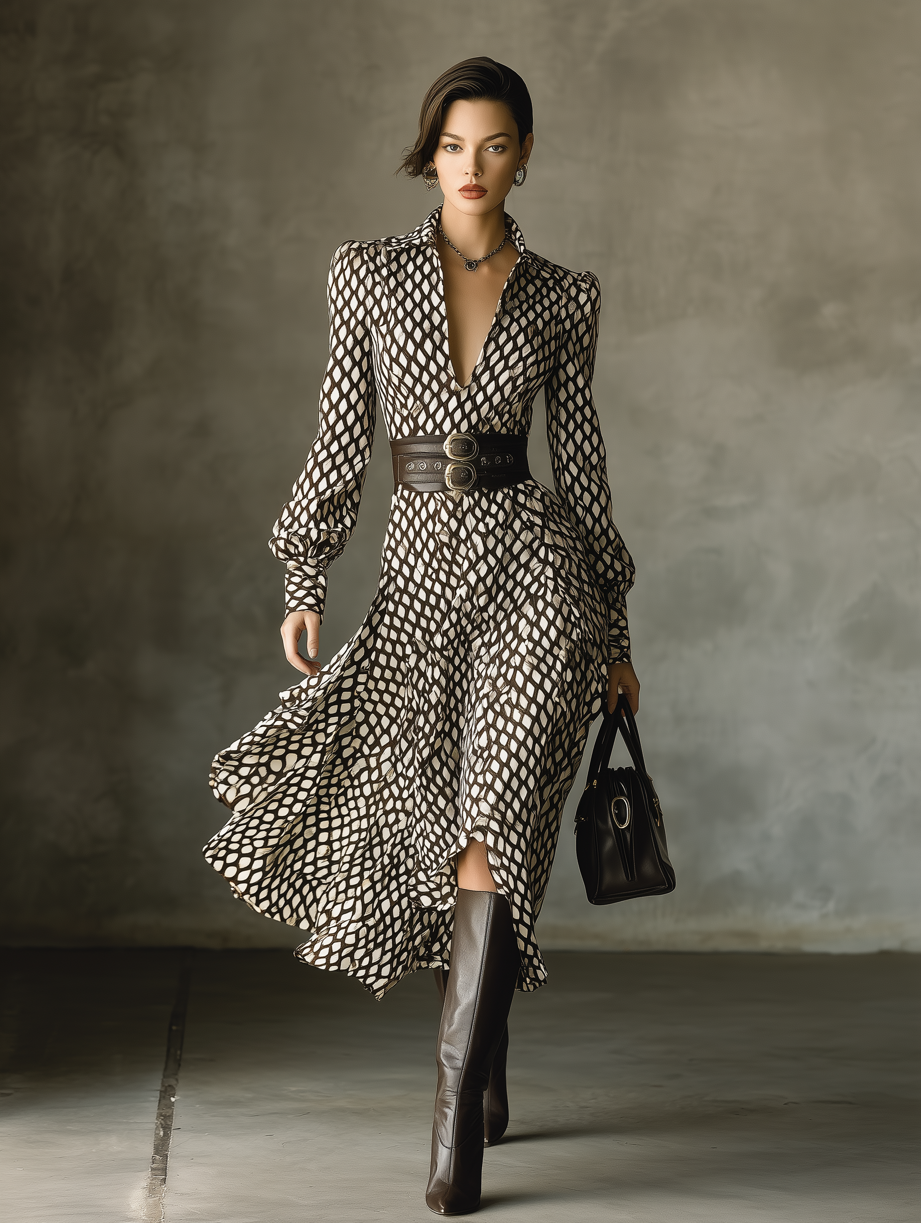 Nayen – robe midi chiffon noire et blanche motif filet taille ceintree femme