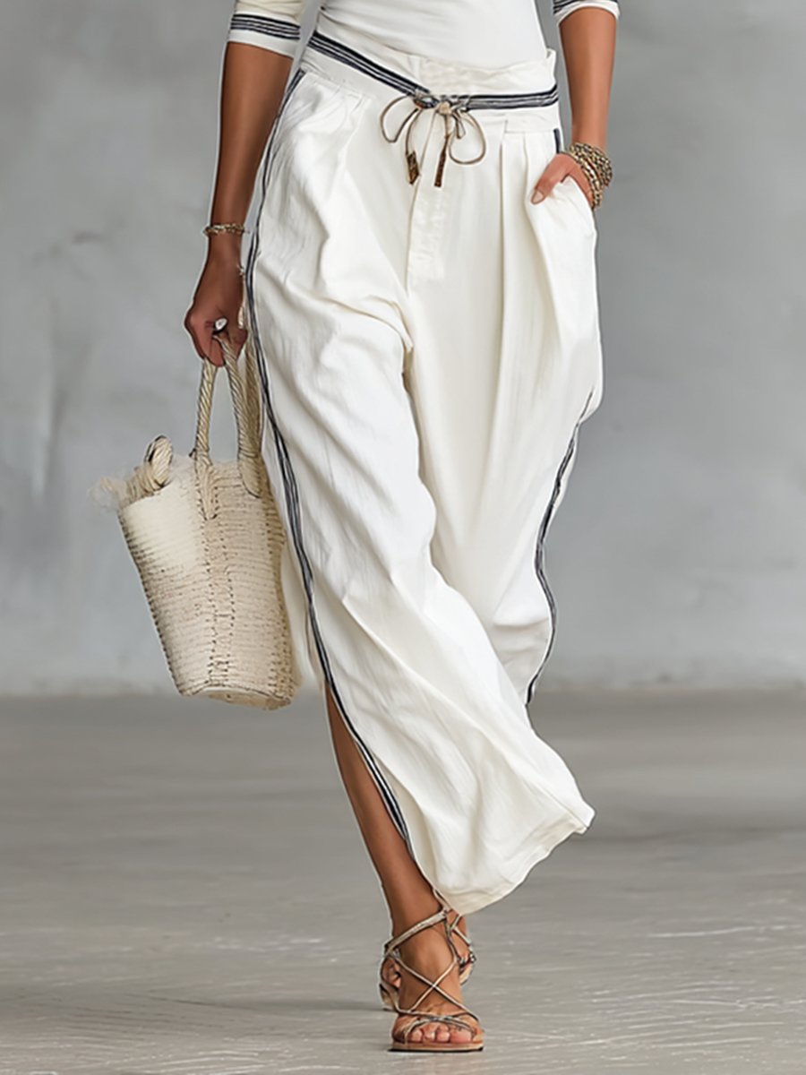 Qamira – ensemble sport top col semi-haut pantalon wide leg bande stripe