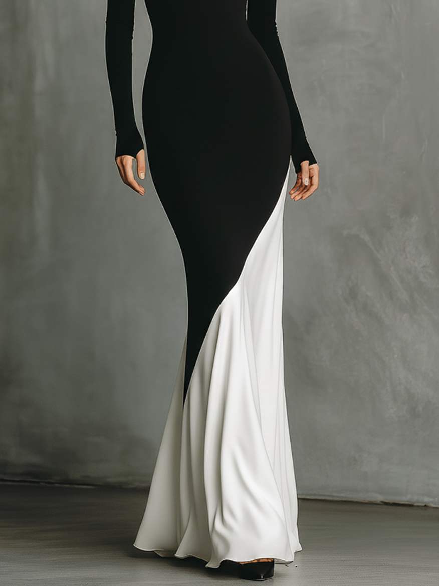 Laurelay – robe longue moulante noir et blanc color-block stretch